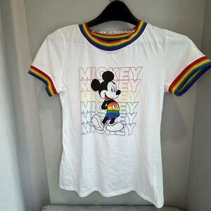 Disney Parks Rainbow Pride Mickey Mouse Ringer T-Shirt White Womens XS Excellent